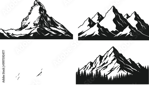 Mountain silhouette collection with rugged peaks, alpine landscape scenes and forest elements isolated on white background vector illustration set