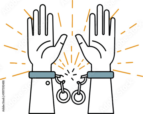 Two hands with handcuffs breaking apart with sunlight effect around them