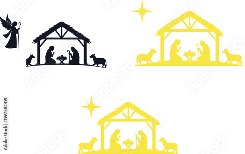 Nativity scene silhouette set with holy family, manger, animals and star, Christmas religious illustration isolated on white background vector
