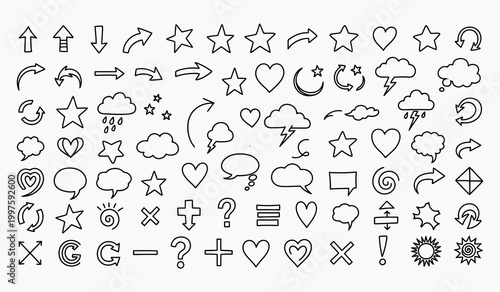 collection of various line art icons on white background