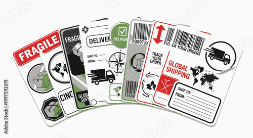 Shipping Labels Collection with Delivery Icons and Global Logistics Symbols