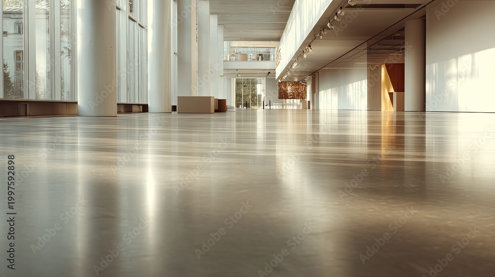 Fototapeta premium Contemporary architectural hall featuring a polished floor reflecting natural light streaming through large windows, creating bright patterns and emphasizing the spacious, clean interior design