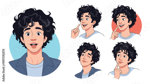 Young man with curly hair showing a variety of facial expressions from surprise to contemplation in a set of portraits.