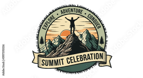 Summit celebration adventure logo with person on mountain peak at sunset