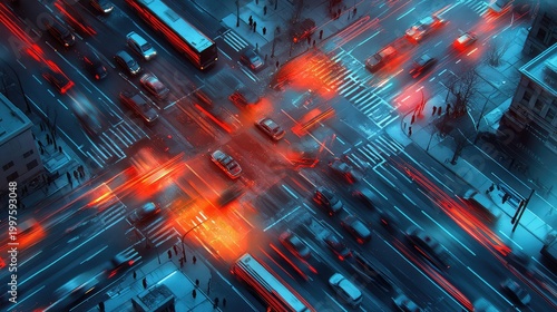 Elevated view of a bustling city intersection at night, showing vehicles creating flowing light trails with their headlamps and taillamps, highlighting urban traffic and long exposure movement