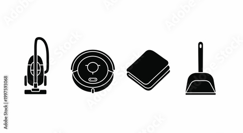 Home Cleaning Tools Icon Set with Vacuum Cleaner, Robot Vacuum, Cleaning Cloth and Dustpan Black Silhouette Glyph Icons
