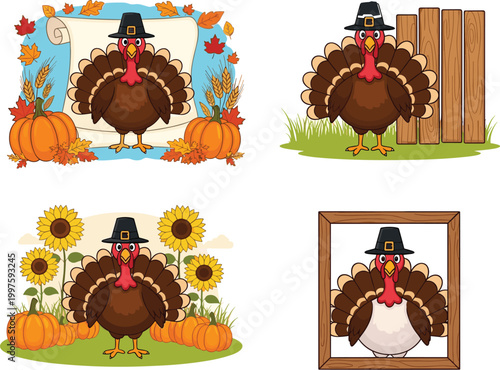 Thanksgiving turkey illustration set with autumn pumpkins, sunflowers and rustic decor scenes, festive holiday characters isolated on white background