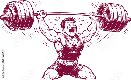 Screaming Muscle Man Lifts Heavy Barbell Overhead