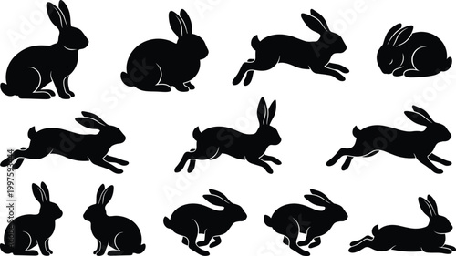 Collection of detailed black rabbit silhouettes featuring bunnies running, leaping, and sitting isolated on a white background for spring Easter designs.