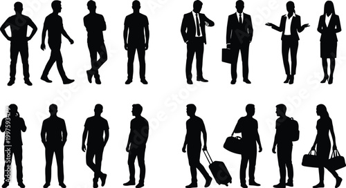 Collection of diverse black people silhouettes isolated on a white background, featuring casual individuals, professional business workers, and travelers with luggage.