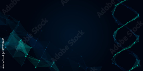 Dark abstract futuristic glowing green plexus network and DNA double helix background, scientific medical geometric digital data nodes graphic resource for modern cyber technology biology design.