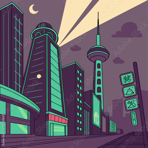 Neon cityscape with tower and skyscrapers at night