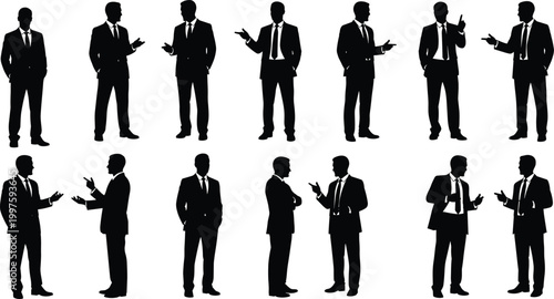 Collection of Professional Business Men Silhouettes in Suits Standing Pointing and Gesturing in Various Corporate Poses Isolated on White Background