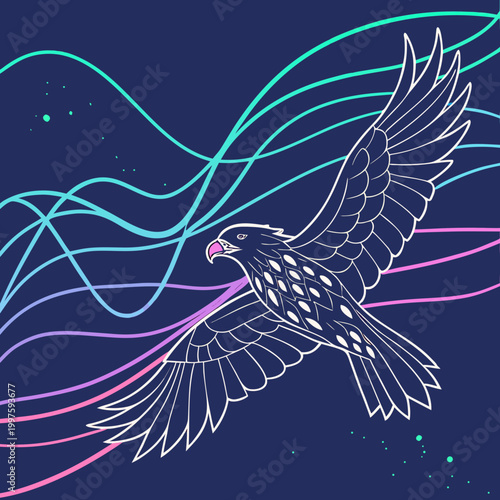 Flying bird with colorful neon lines