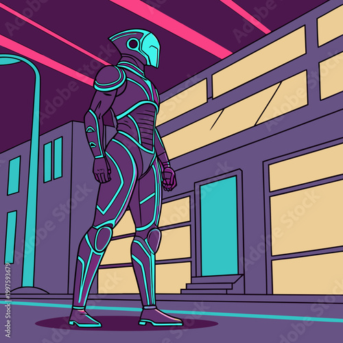 Cyberpunk robot standing in a futuristic city street