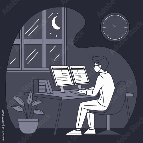 Man working late at night on computer in office