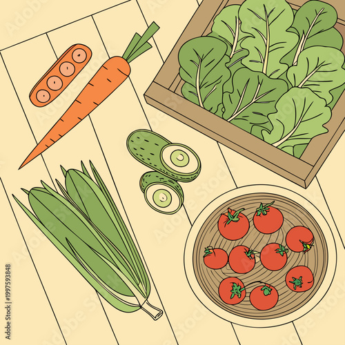 Colorful vegetables and salad on wooden table