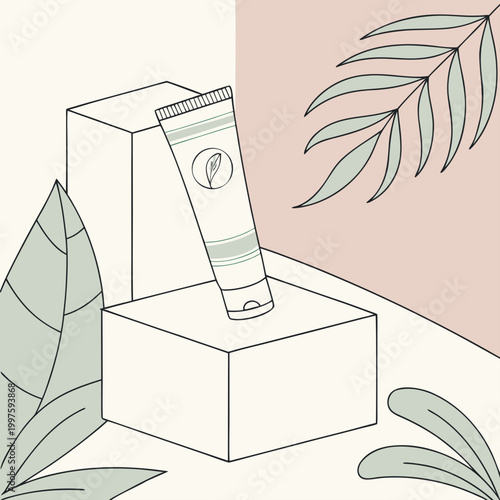 Illustration of cream tube on white blocks with green leaves