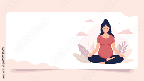 Serene illustration of a pregnant woman sitting in a lotus pose and meditating in a peaceful environment with plants.