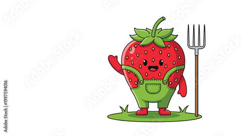 Adorable cartoon strawberry character dressed as a farmer in green overalls holding a pitchfork on a patch of grass.