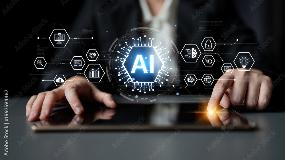 Fototapeta premium Artificial intelligence network concept connecting services, security, analytics and automation across a distributed ecosystem. Corpus