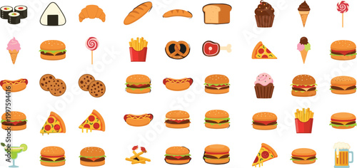 Colorful Fast Food and Junk Food Flat Icon Set with Burger Pizza Hotdog Sushi Fries Icecream Croissant Vector Collection for Restaurant Menu Design