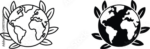 Earth With Leaves Eco Planet Nature Silhouette Icons Vector