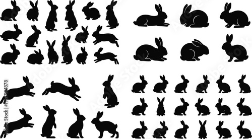 Large Collection of Black Rabbit Silhouettes Set Isolated on White Background Featuring Wild Hare Icons in Various Running Standing and Sitting Poses