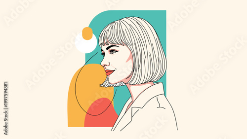Stylish profile portrait of a woman with short blonde hair and professional attire on an abstract geometric background.