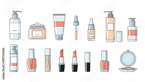 Set of fourteen various skincare and makeup products including bottles, jars, pipettes, and lipsticks in a clean line art style.