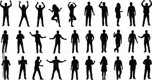 Large Collection of Diverse People Silhouettes in Various Poses Including Jumping Dancing Standing and Gesturing Isolated on White Background for Creative Design