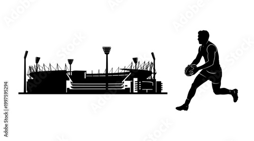 Vector silhouette of sports stadium with light towers and basketball player dribbling ball, athletic competition, cultural sports heritage art