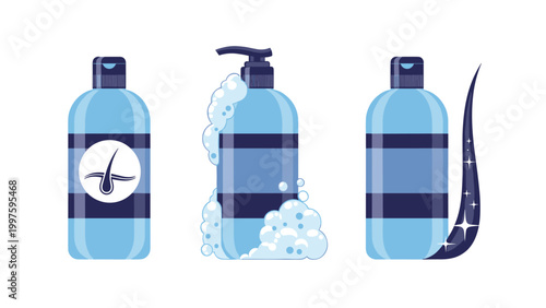 Set of three blue shampoo or conditioner bottles with soap bubbles and hair strands illustrates a complete hair care routine for health.