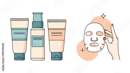 Skincare routine components featuring tubes of facial cream a serum bottle and a hand applying a hydrating sheet mask for beauty.
