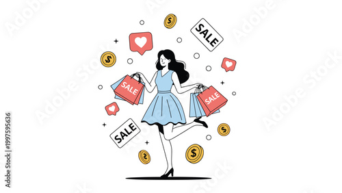 Happy young woman carries multiple colorful shopping bags while surrounded by sale labels and coins to celebrate a big discount event.