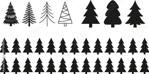 Large collection of various black pine tree silhouettes and line art graphics isolated on white background for winter holiday design.