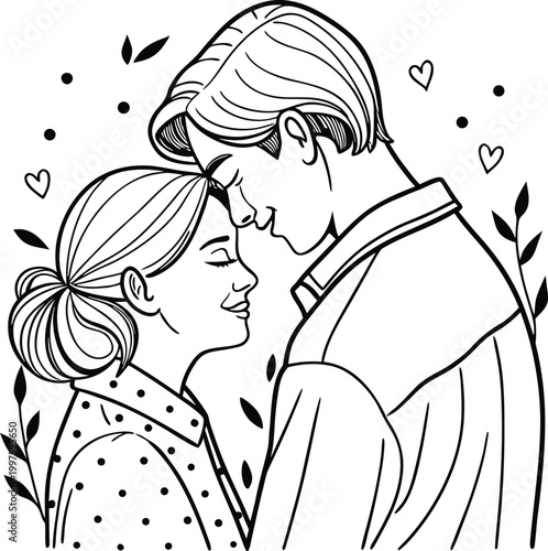Romantic couple kissing, love illustration, vector valentine's day, black and white line art