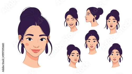 Various facial expressions of a young woman with dark hair in a bun show emotions like happiness surprise and confusion for character study.