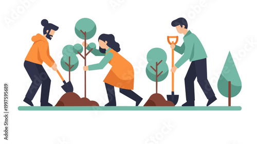 People planting trees in a park with shovels and soil