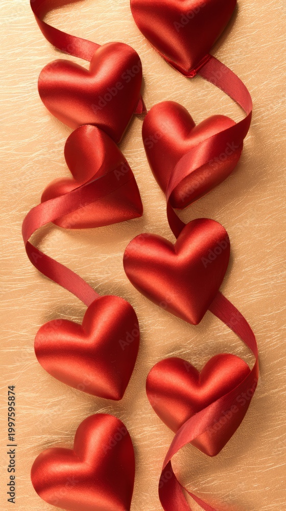 Fototapeta premium folded. Shiny red ribbon hearts arranged elegantly on a metallic surface, radiating love and warmth. event programs, museum guides, designed for cultural heritage projects and event programs. 