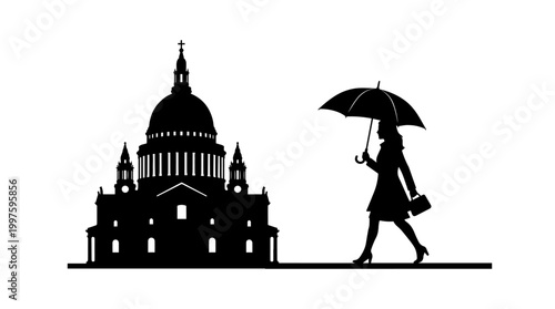 Vector silhouette of St. Paul’s Cathedral dome and pedestrian with umbrella, London landmark, urban lifestyle, cultural heritage, rainy city art