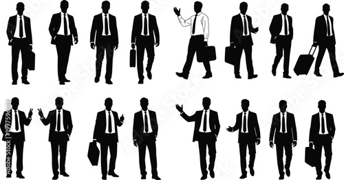 Professional business man silhouette set, corporate male in suit walking with briefcase, executive figures in various poses for office projects, isolated.