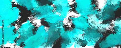 Canvas Print Bright cyan, black, and white abstract thick paint dab texture, messy grunge acr