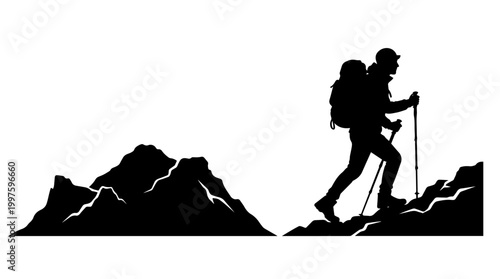 Vector silhouette of hiker with backpack and trekking poles ascending mountain slope, outdoor adventure, exploration, rugged peaks, nature scenery art