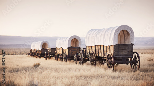 Line of covered wagons in dusty field under pale sky, symbolizing historical journey and pioneer spirit