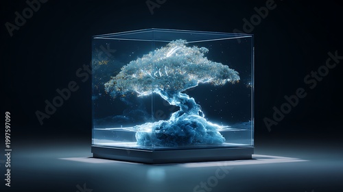 Futuristic tree in glass box with glowing blue roots and cloudy foliage on dark background with spotlight