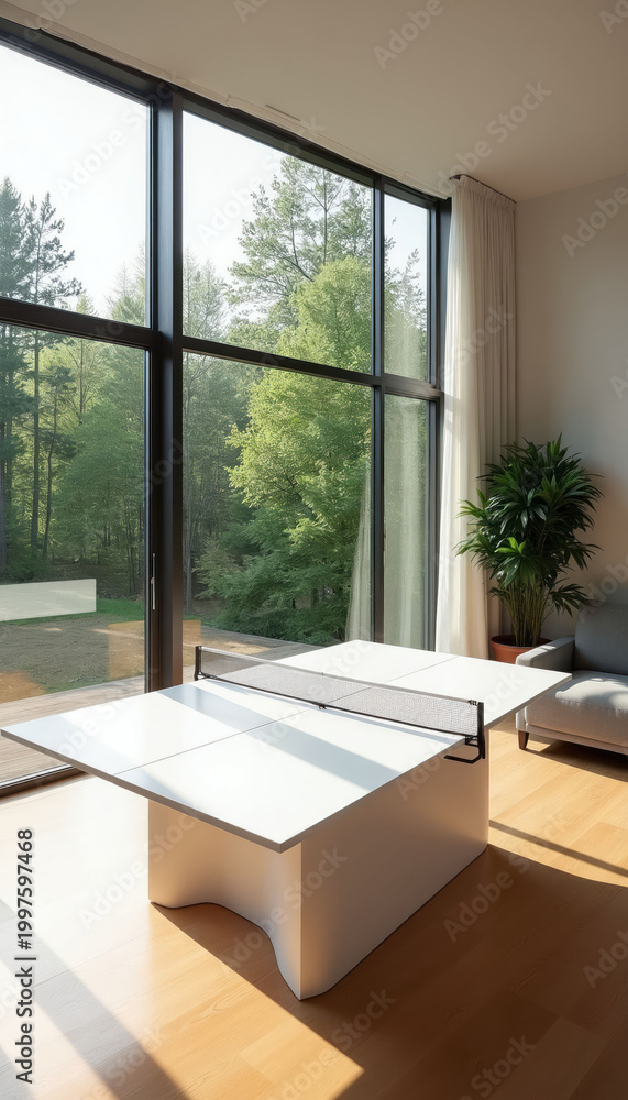 Naklejka premium Minimalist room features white ping pong table, sofa, large window with forest view. Natural light streams in, creating a serene game space.