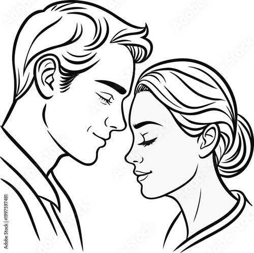 Vector illustration, romantic couple faces, love, relationship, line art, black and white