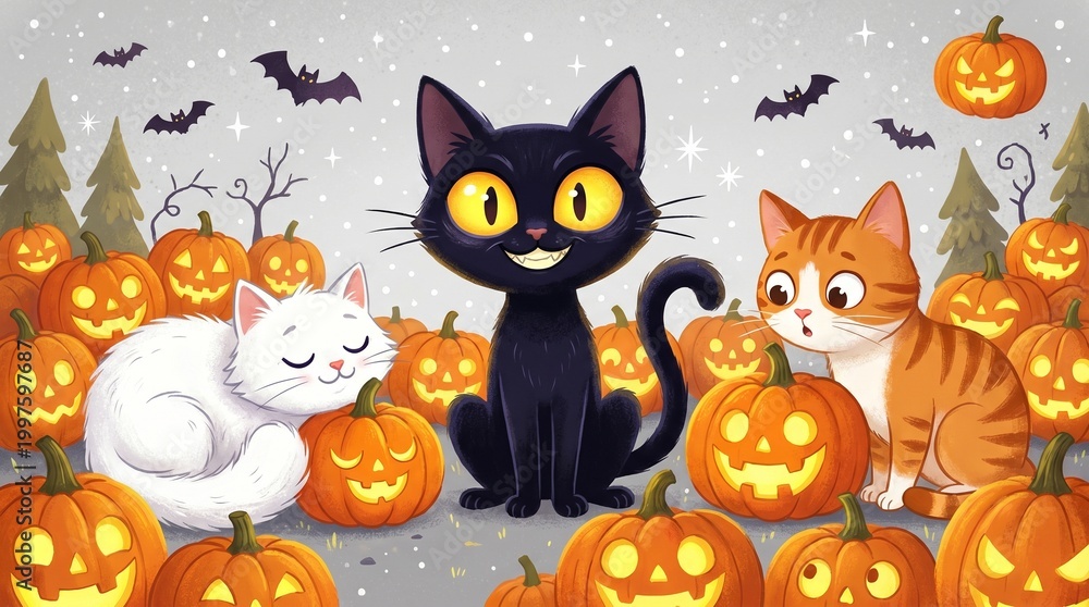 Obraz premium Three cats—white, black with yellow eyes, orange tabby—sitting before glowing jack-o’-lantern pumpkins, festive Halloween scene with sparkles, cozy cartoon autumn illustration.