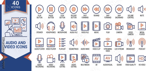 A collection of various audio and video icons on a white background with orange accents